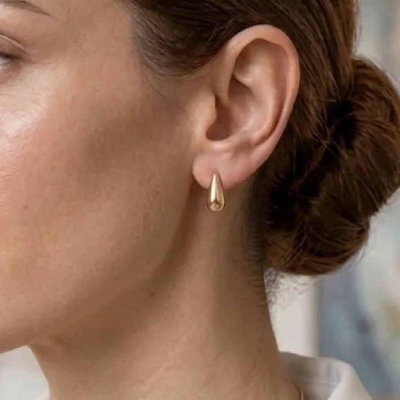14K Gold Plated Teardrop Huggie Earrings | Minimalist Dainty Jewelry - Picture 3 of 12